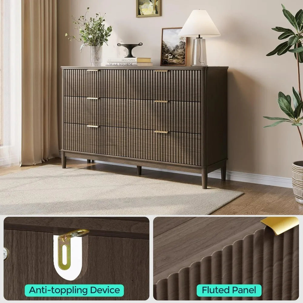 Customizable Contemporary Fluted Wood Dresser With Gold Hardware For Storage