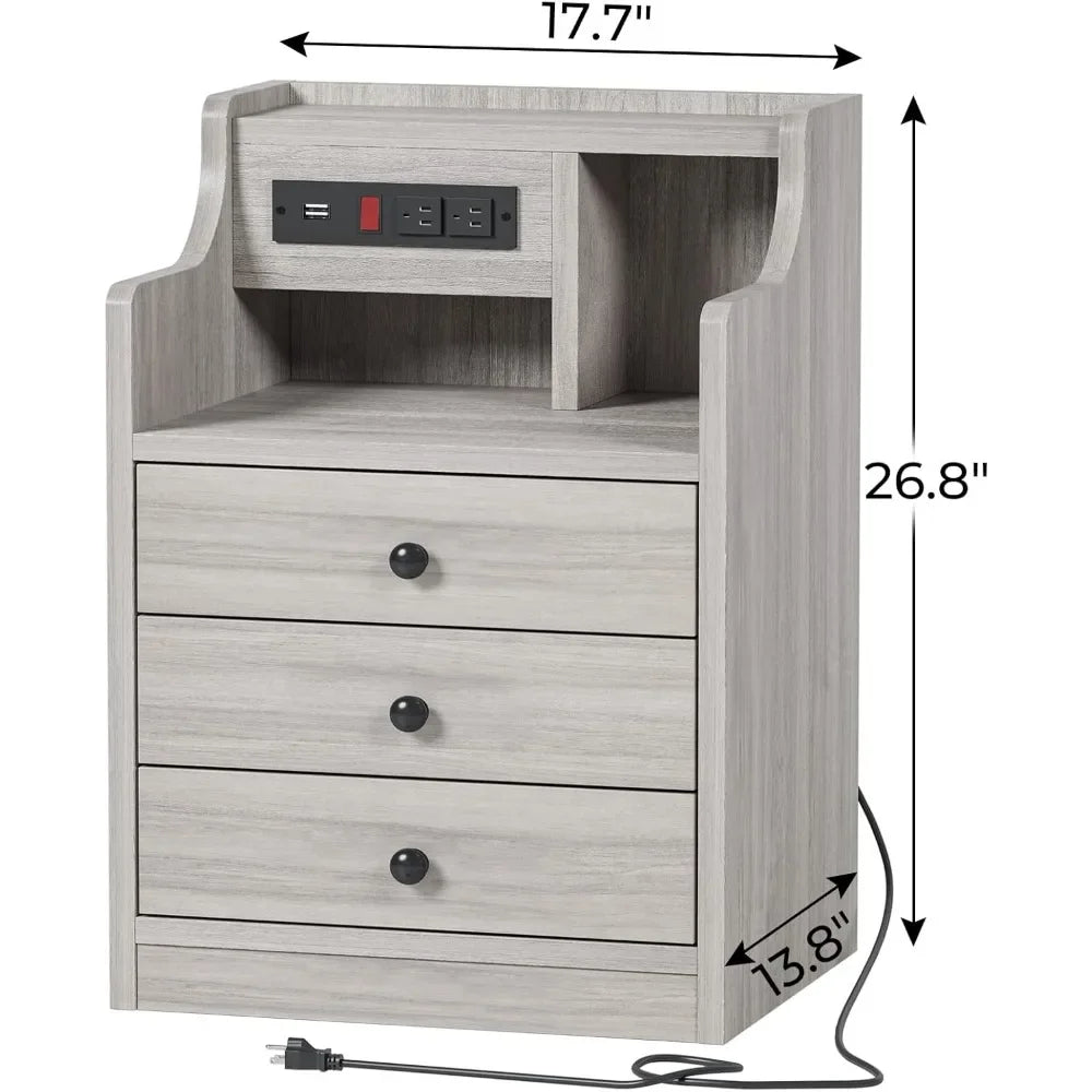Nightstand Set 2,Gray with Charging Station & Hutch, Night Stands with Drawers