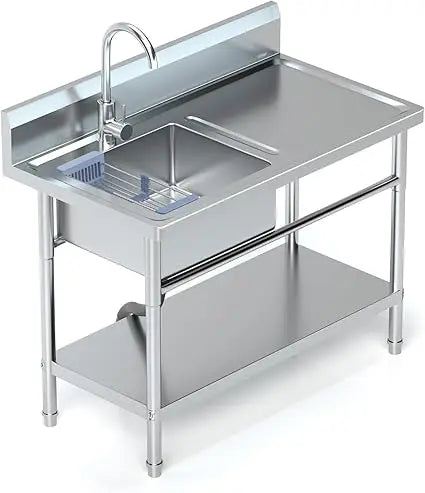 Stainless Steel Freestanding Laundry Sink with Single Bowl, Hot/Cold Water Connections, Workbench, and Storage