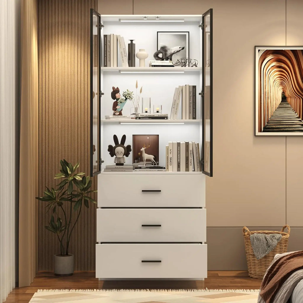79" Tall Display Cabinet with LED Sensor Light & Pop-up Glass Doors & Drawers, Modern Bookcase/ Curio Storage Cabinet