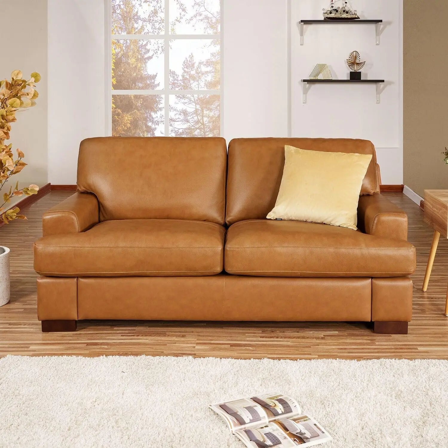 Genuine Leather Sofa - Set of 3 Luxurious Comfort, Goose Feather Cushion Filling, Square Arm Design, Sturdy Block