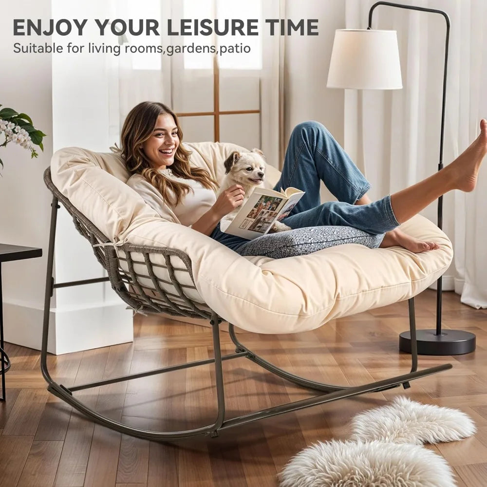 YITAHOME Rocking Papasan Chair, Wide Rocking Chair, Comfy Indoor and Outdoor Lounge Chair with Thick Cushion for Bedroom, Living