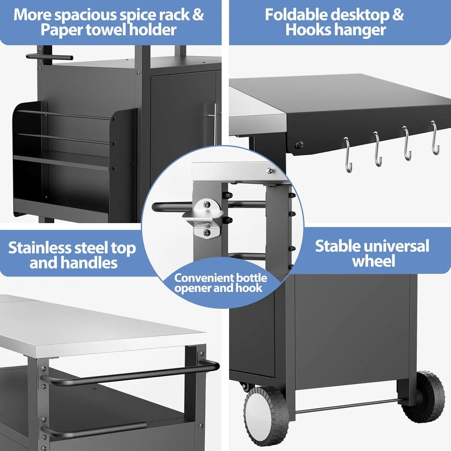 Outdoor Grill Cart with Storage ,Patio Kitchen Island with Wheels, Hooks, and Spice Rack, Waterproof Outdoor Grill Table