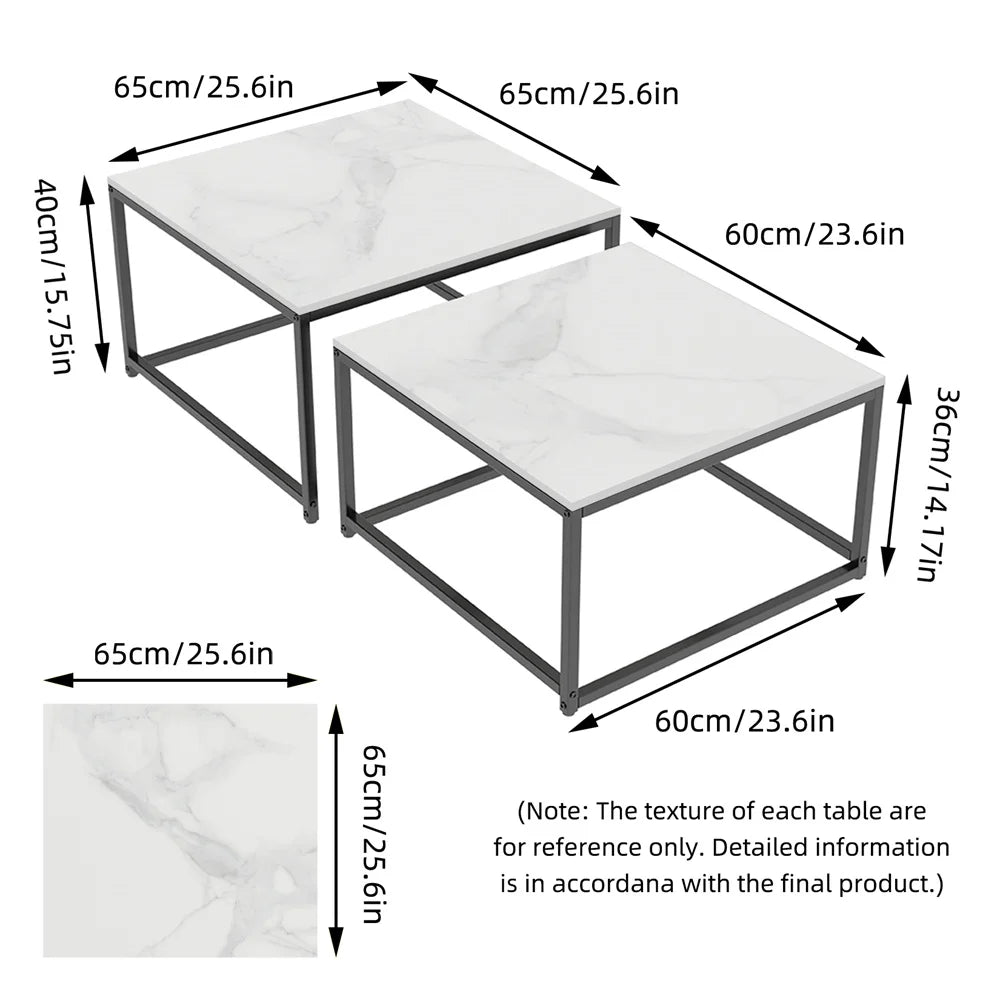 LUVODI Rectangle White Nesting Coffee Table Set Living Room Black Stack-able Accent Tables with Marble Tabletop