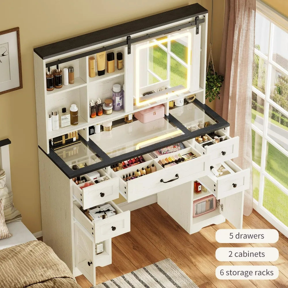 Rustic Farmhouse Style Vanity Desk with Glass Top, Sliding Lighted Mirror, and Built-in Power Outlet