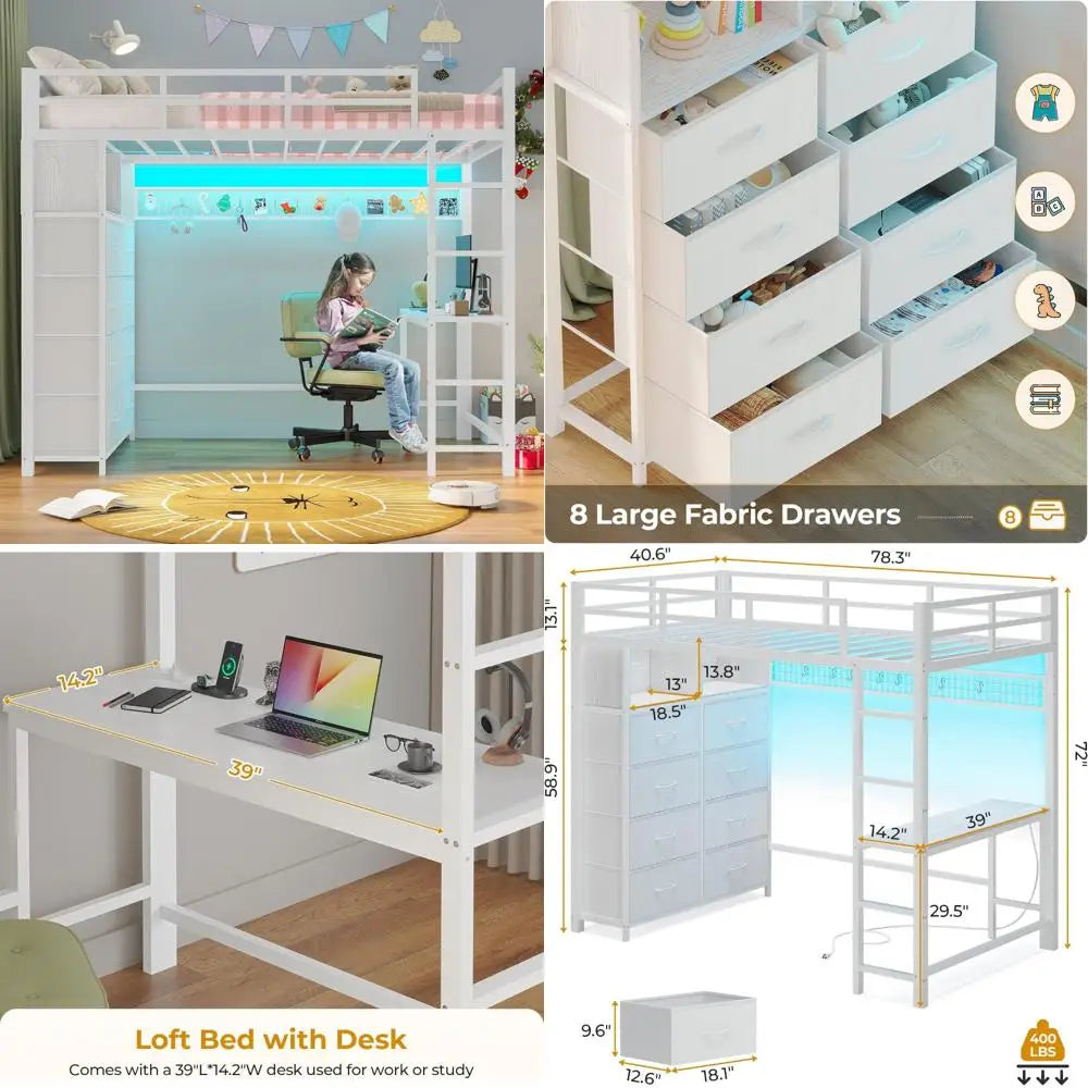 Twin Size Loft Bed with Integrated Desk, Eight Storage Drawers, Metal with Twin Mattress, LED Lights, and Charging Station