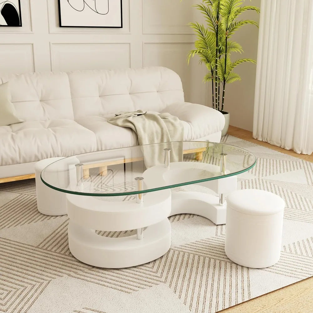 Oval Glass Coffee Table Set of 3, 0.39" Tempered Glass Top and S Shape Base, Modern Center Table with 2 Leather Stools