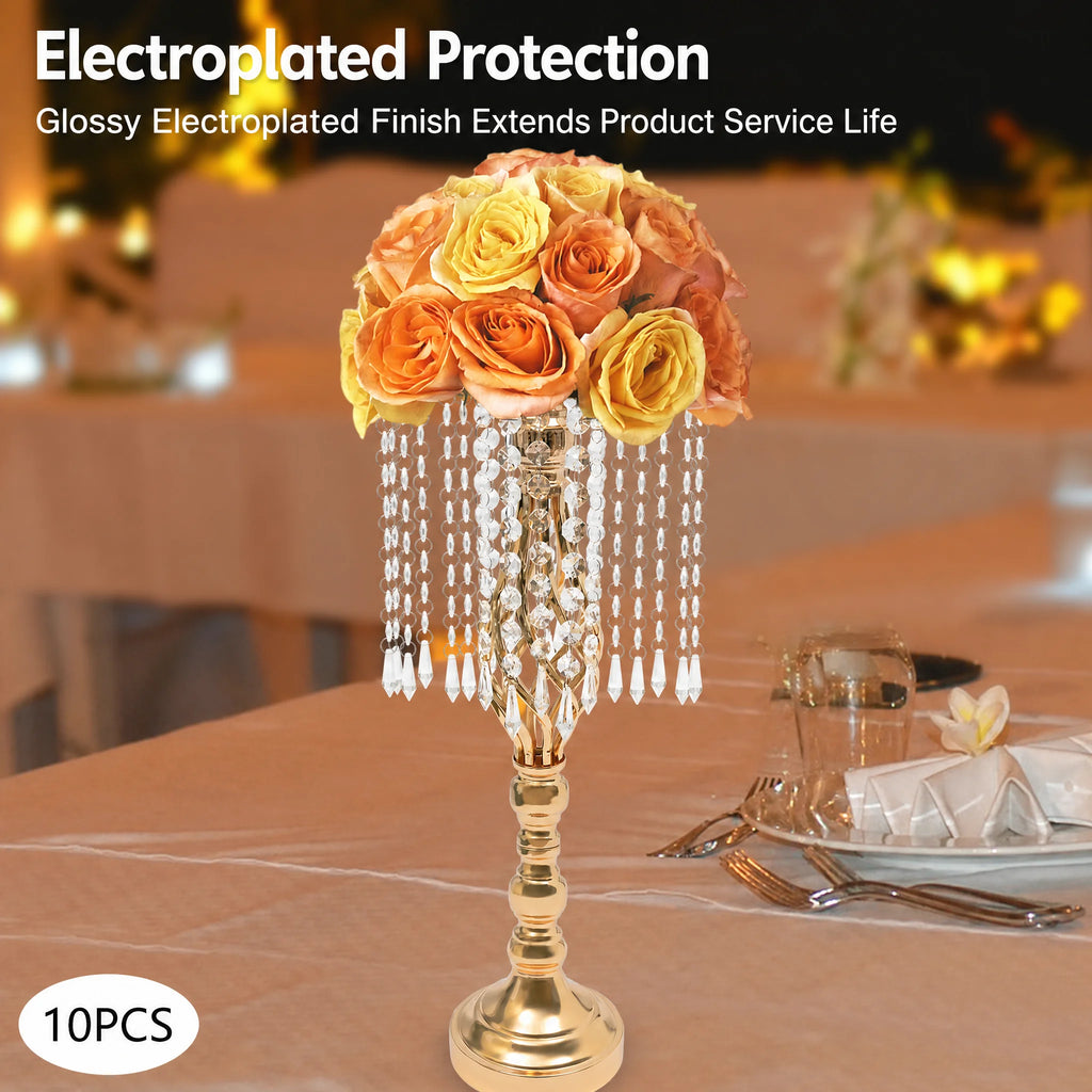 10Pcs Gold Electroplated Iron Crystal Flower Stand 19.3in Height 5.5in Wide Hanging Acrylic Crystal Chain