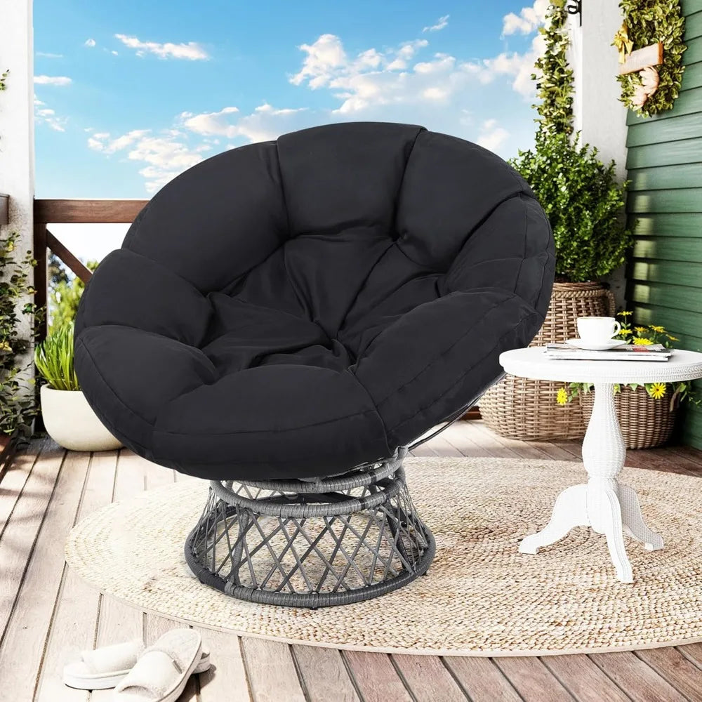 Adult-Sized Rattan Papasan Chair with Cushion, 360° Swivel, Waterproof, Grey and Black Frame