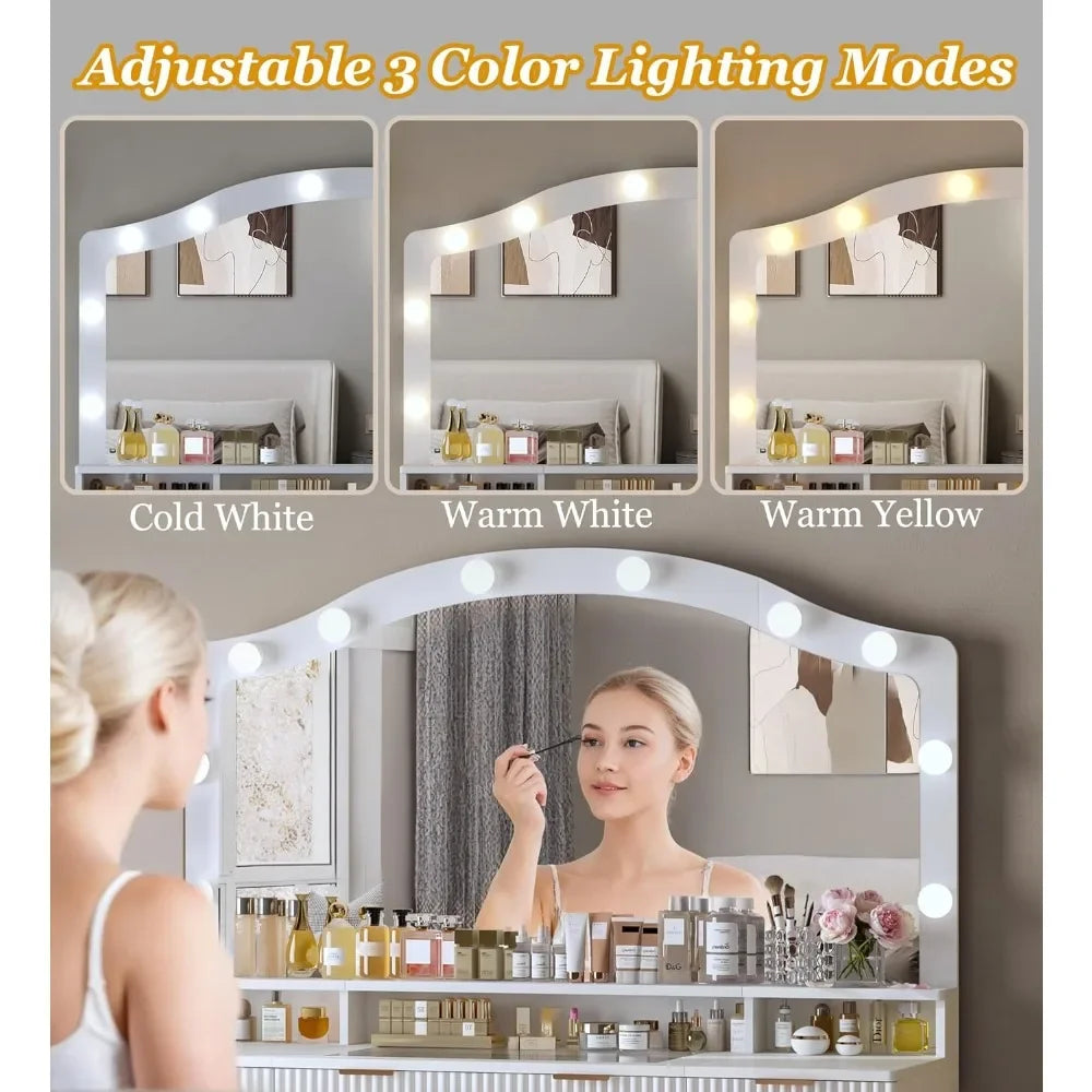 Illuminated Fluted Vanity Desk with Large Mirror, Glass Top, 9 Storage Drawers, and 3-Color Lighting Options