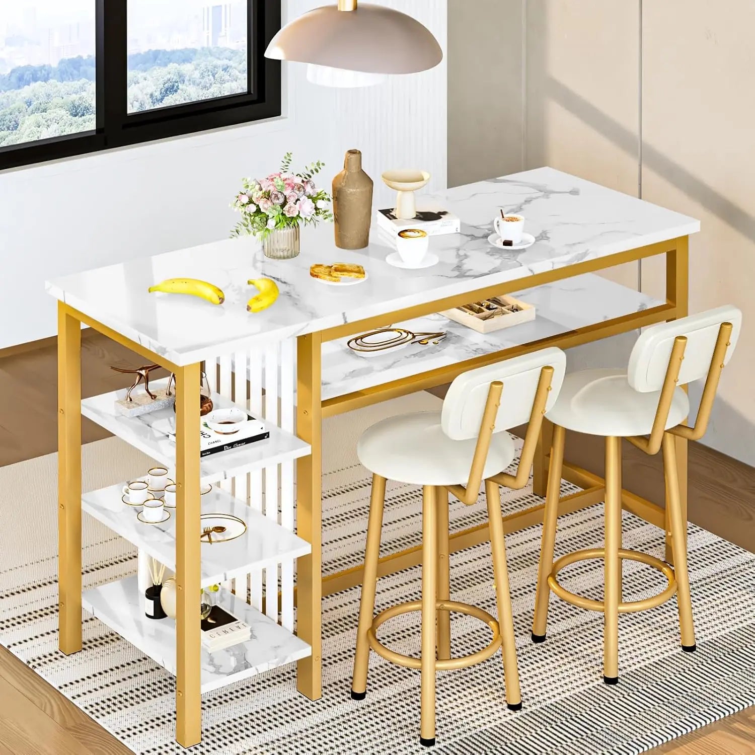 3-Piece Bar Table and Chairs Set, Modern White Faux Marble Table with 2 Cushion Bar Stools, Kitchen Counter