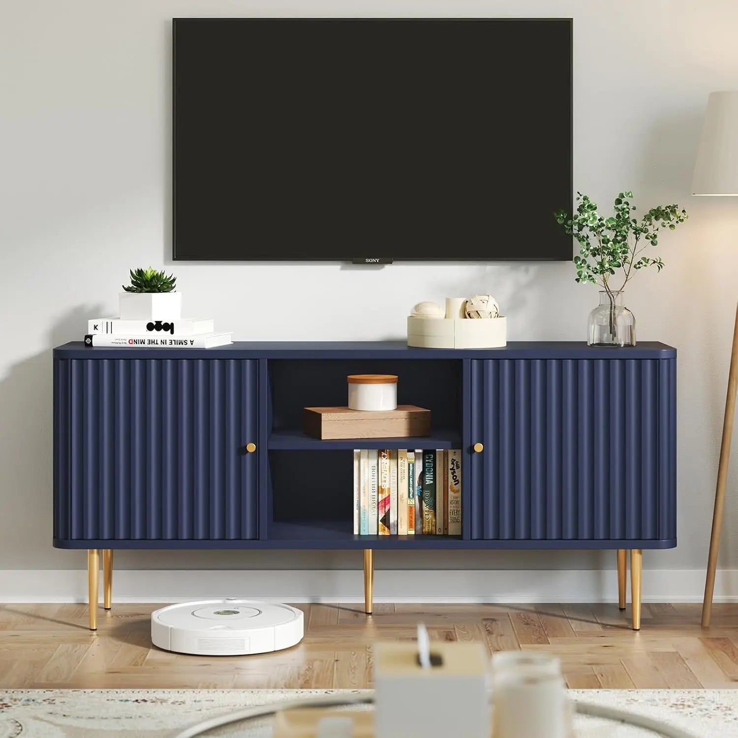 55” Fluted TV Stand, Mid Century Modern Blue TV Stand for 55/60/65 inch TV, Entertainment Center with Storage, Television
