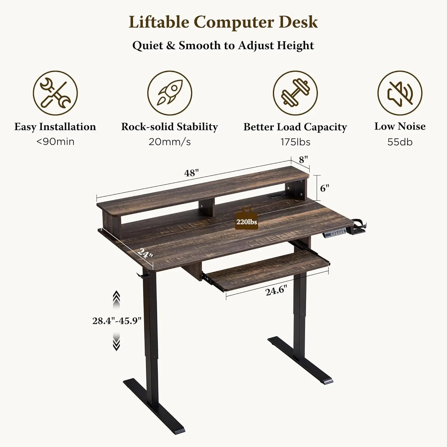 48" Gaming Desk, Electric Standing Desk with Height Adjustable, Power Outlets, LED Lights, Keyboard Tray, and Monitor Shelf
