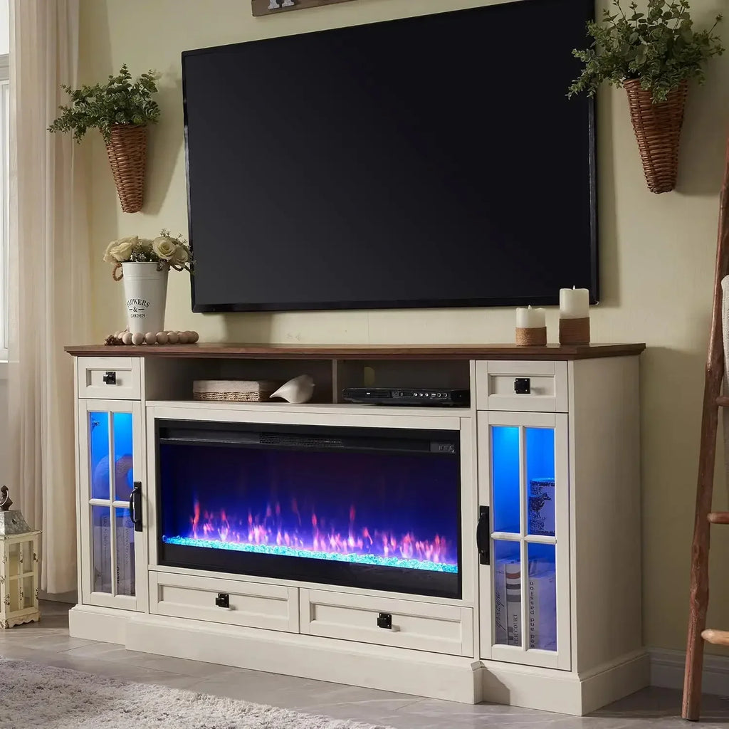 Fireplace TV Stand for 80 Inch TV, with 42" Fireplace & LED Lights, Storage Drawers  Living Room, Antique White