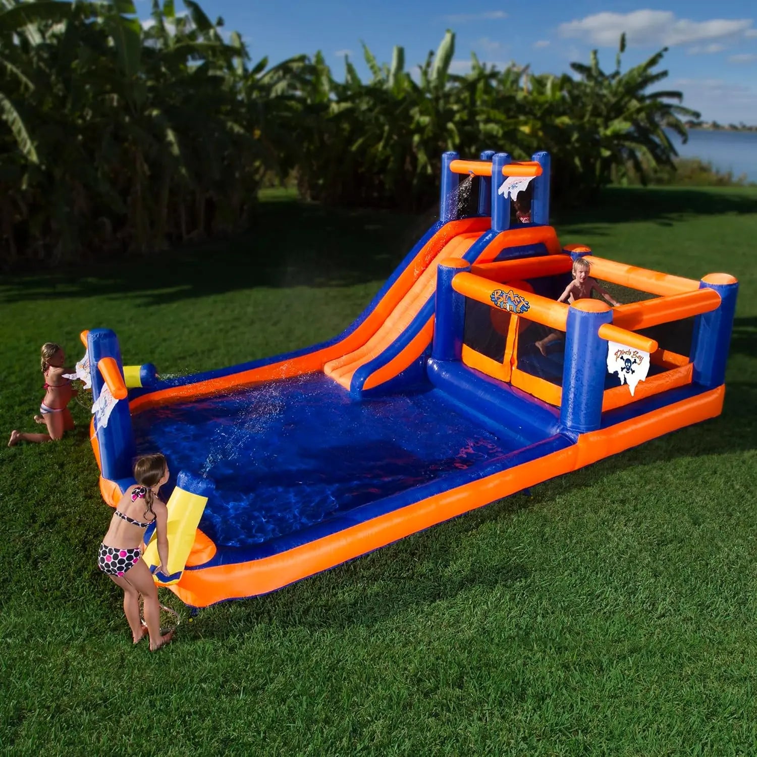 20x12 Inflatable Bounce House Water Park with Blower, Slide, Climbing Wall, Tunnel & Water Cannons - Huge Wet/Dry Play Area