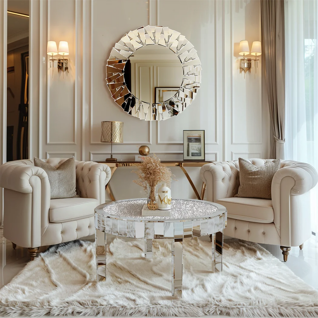 Luxury Round Mirrored Coffee Table Silver Coffee Table Accent Side Table  for Living Room,Bedroom