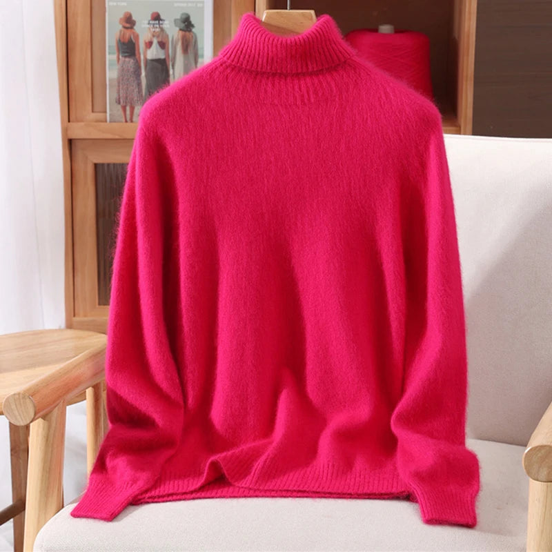 Autumn And Winter 100% Mink Cashmere Sweater, Ladies' High Lapel Solid Color Padded Pullover Wool Knitted Bottoming Shirt
