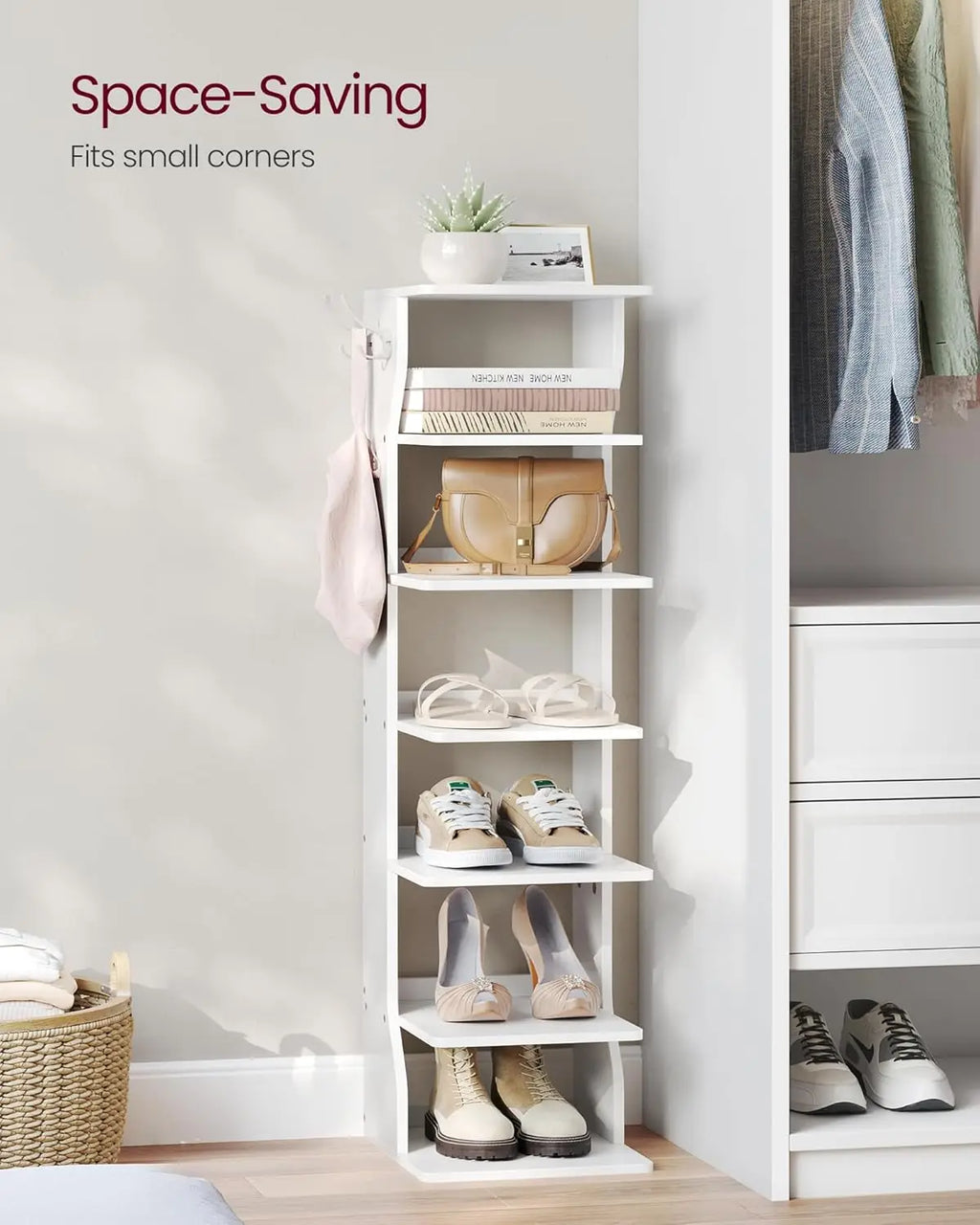 7-Tier Vertical Shoe Rack, Narrow Shoe Storage Organizer with Hooks, Slim Corner Shoe Tower Rack, Space Saving