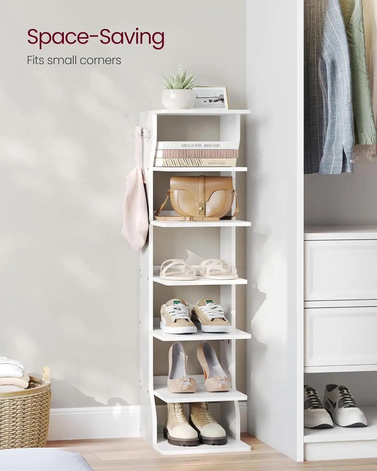 7-Tier Vertical Shoe Rack, Narrow Shoe Storage Organizer with Hooks, Slim Corner Shoe Tower Rack, Space Saving