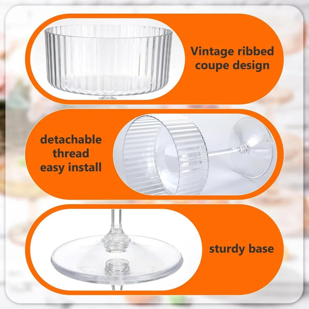 100 Pack Ribbed Martini Glasses - 10 oz Disposable Plastic Vintage-Style Ribbed Coupe Glasses for Cocktails and Desserts