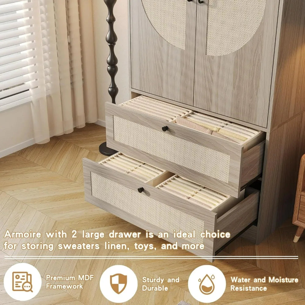 Large Wooden Boho Wardrobe with 2 Drawers, 65" High, Rattan Door Accents, and Hanging Rod for Bedroom