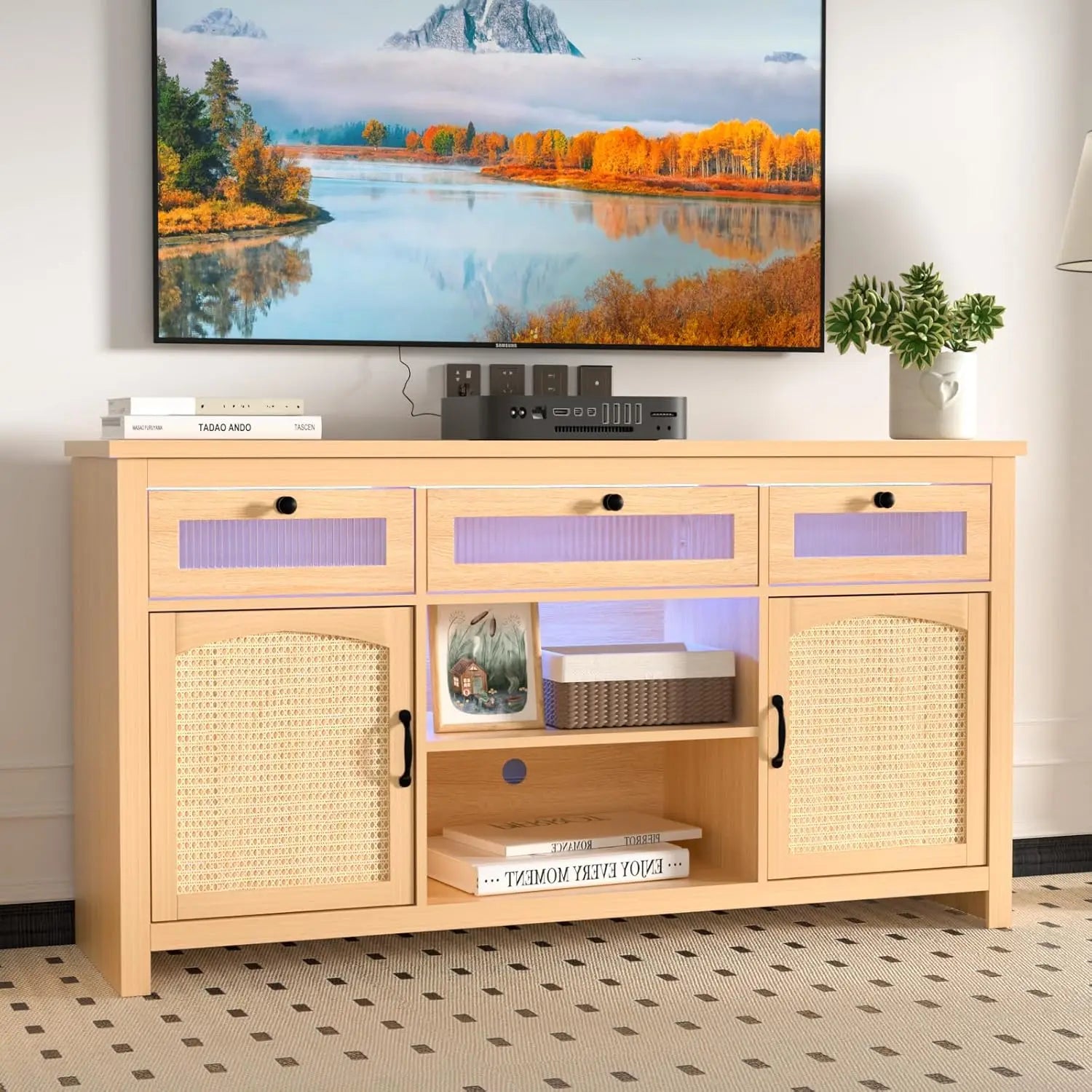LED TV Stands for for 65" TV, Entertainment Center with 2 Storage Cabinets and Barn Doors, 59" TV Console with 3 Drawers