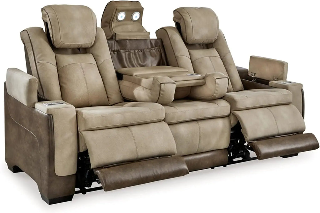 Next-Gen DuraPella Power Reclining Sofa – Wireless & USB Charging, Zero-Gravity, Water-Repellent Faux Leather, Tan/Brown