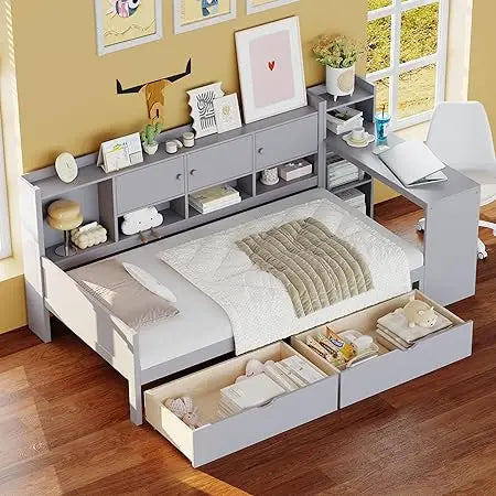 L-Shaped Wooden Daybed with Storage, Desk, and Bookshelf for Twin-Size Multi-Functional Use