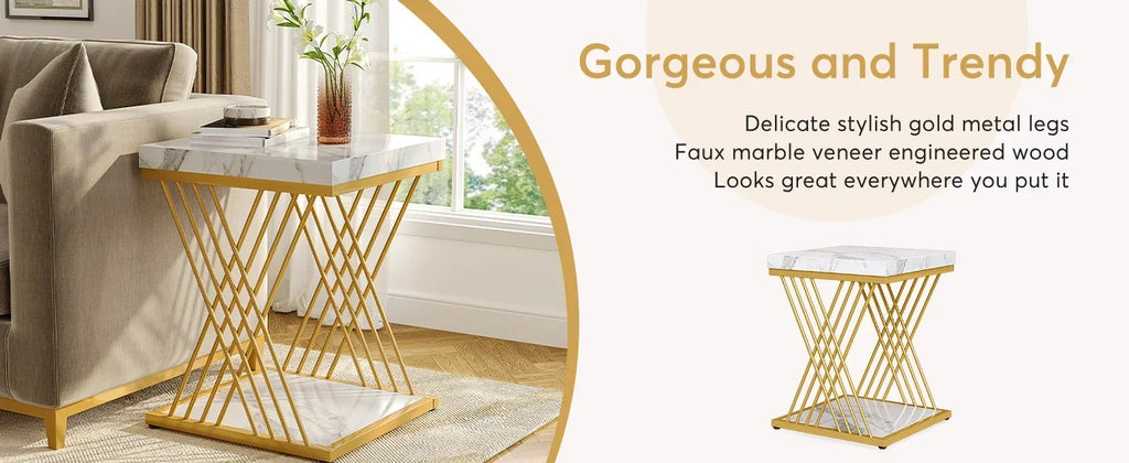 Square End Table White Gold 2-Tier Side Table Modern Small Table with Storage for Couch, Faux Marble White +Gold