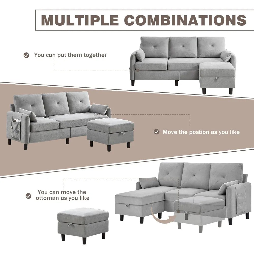 Modern 3-Seat L-Shaped Convertible Sectional Sofa with Reversible Ottoman and Storage Pocket for Small Spaces