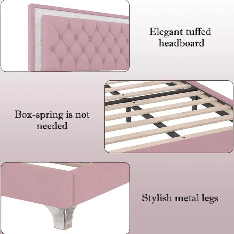 3-Piece Bedroom Set, Queen Size Upholstered Bed with LED Lighting & 2 Nightstands, Pink Upholstered Platform Bed