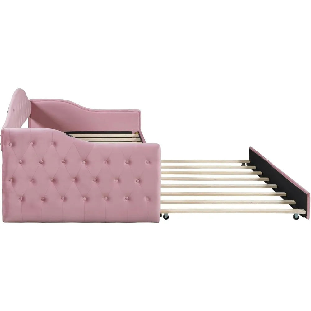 Twin Velvet Daybed with Trundle and Tufted Sofa Bed, USB & Type-C Ports Included