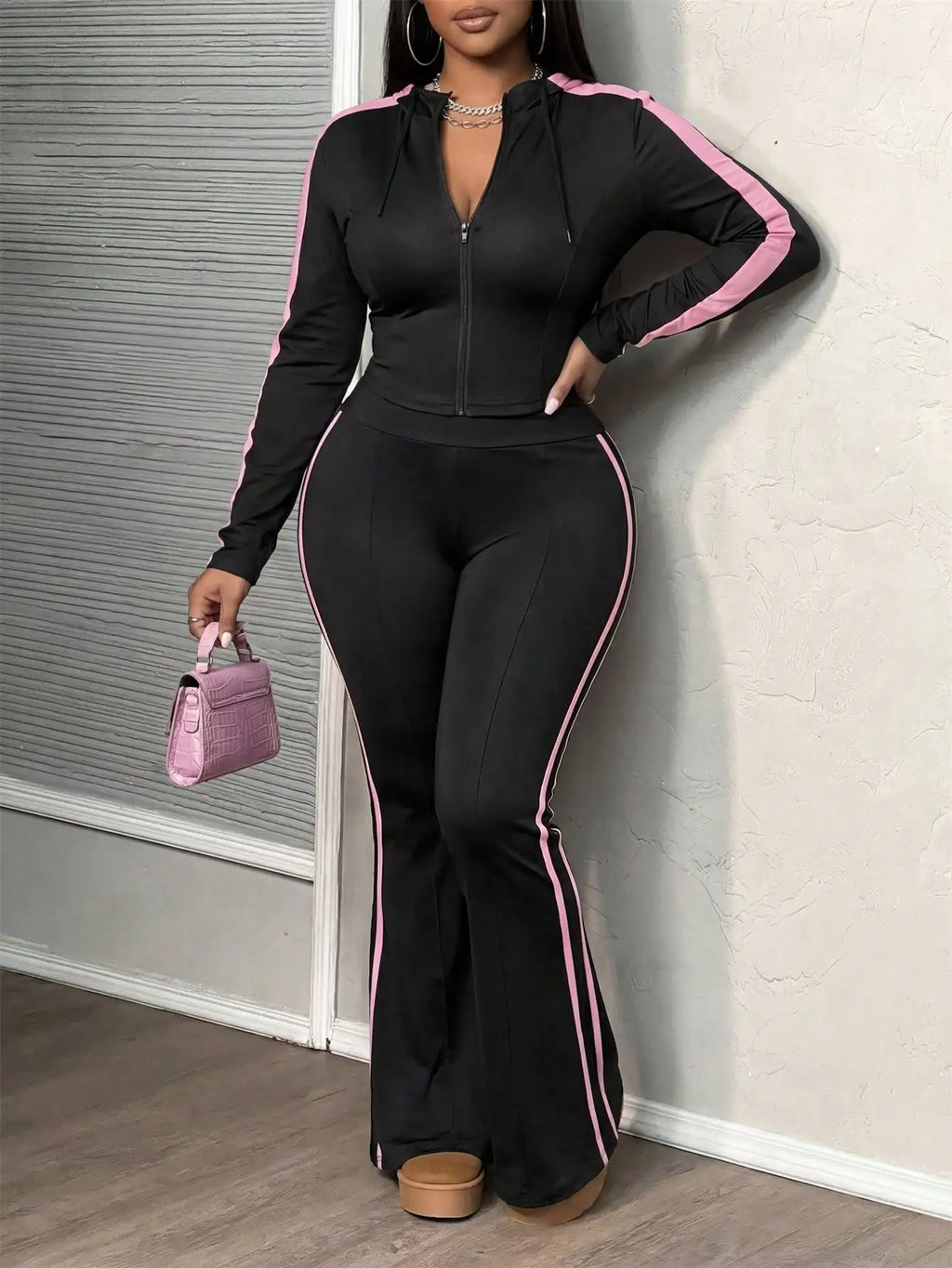 Plus Size Women's Black Pink Stripe Zip-Up Hoodie & Flare Pants/ 2 Piece Tracksuit Set