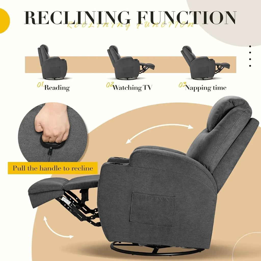 Recliner Chair, 360° Swivel Rocker Chair for Adults, Rocking Recliner Chair with Massage, Comfy with Side Pockets