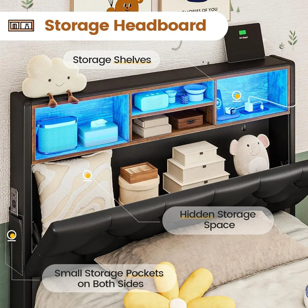 Twin Bed Frames with Headboard & 4 Drawers, LED Bed Frame Twin with Charging Station, Upholstered and Metal Twin Bed with Storage