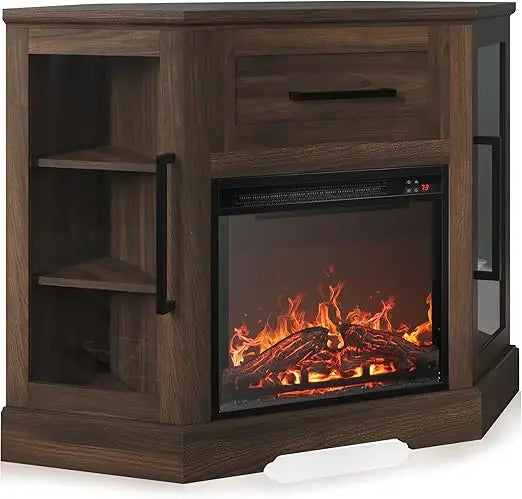 43" Corner TV Stand with 18" Electric Fireplace Heater for TVs up to 43", Modern Corner Wood Entertainment Center