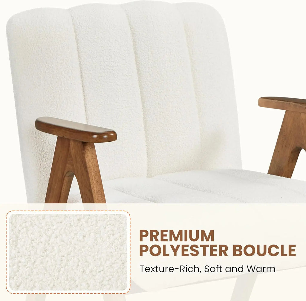 Boucle Fabric Mid Century Accent Chair Set of 2, with Solid Wood Legs