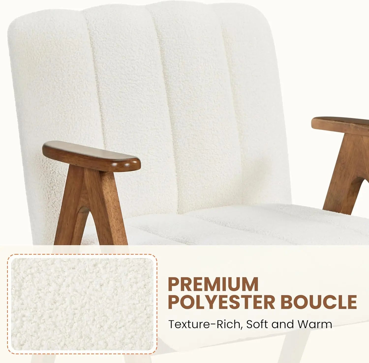 Boucle Fabric Mid Century Accent Chair Set of 2, with Solid Wood Legs