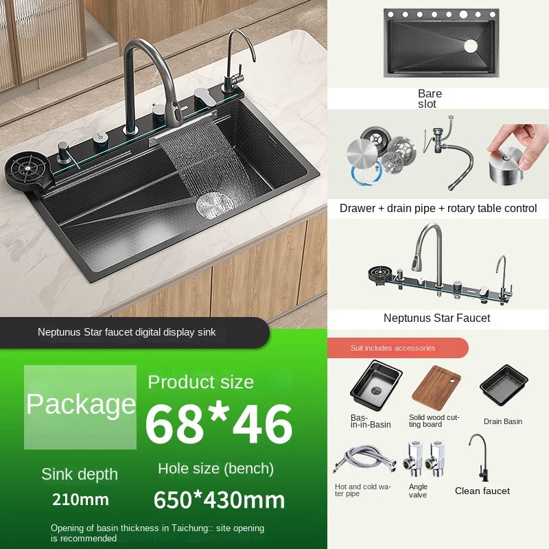 Gold 5mm Waterfall Kitchen Sink/ Honeycomb Technology Large Digital Display Stainless Steel Sink