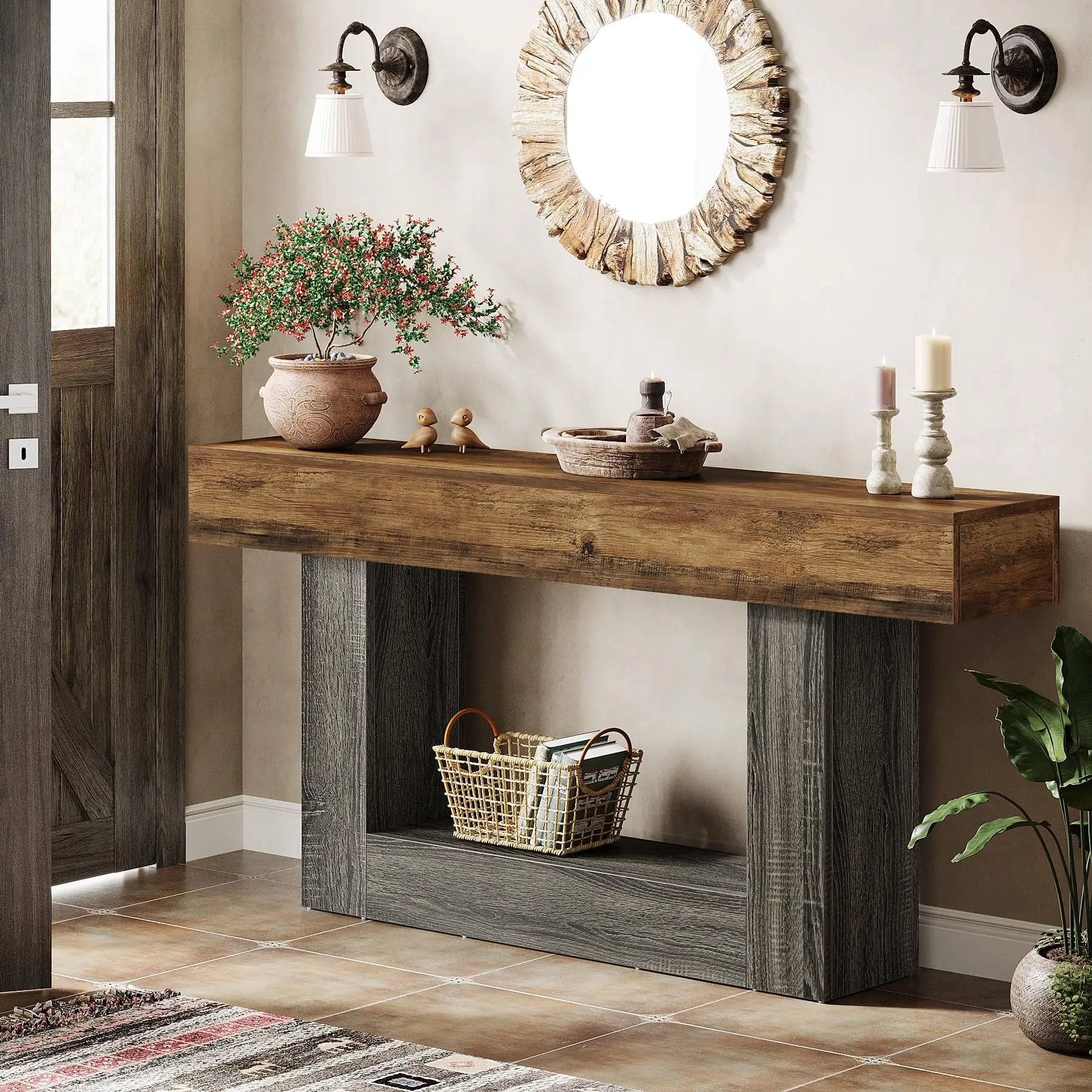 Tribesigns 63" Console Table, Farmhouse 2-Tier Entryway Table with U-Shaped Base, Narrow Long Wood Sofa Table Behind Couch Table