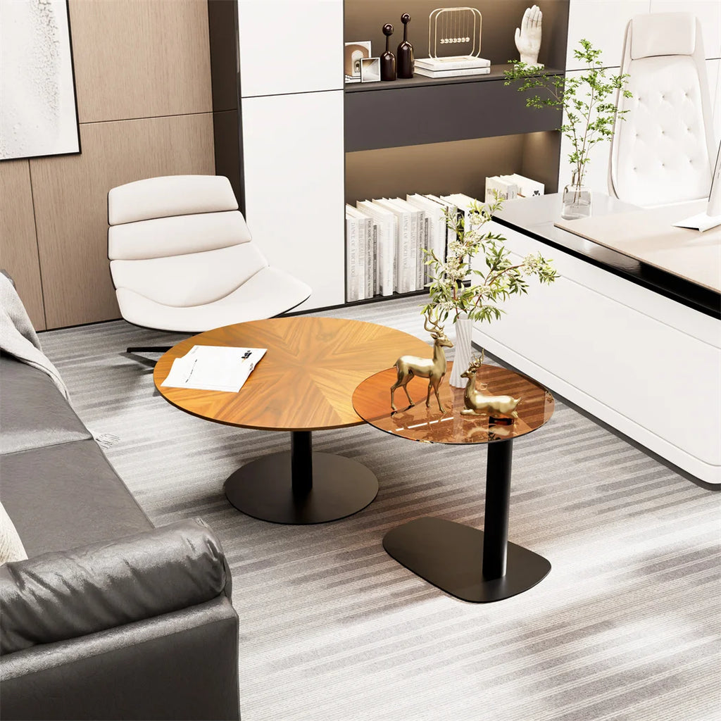 LUVODI Modern Round Marble Coffee Table Set of 2 Living Room Center Table Sofa Side Desk with Black Glass End Table w Metal Legs