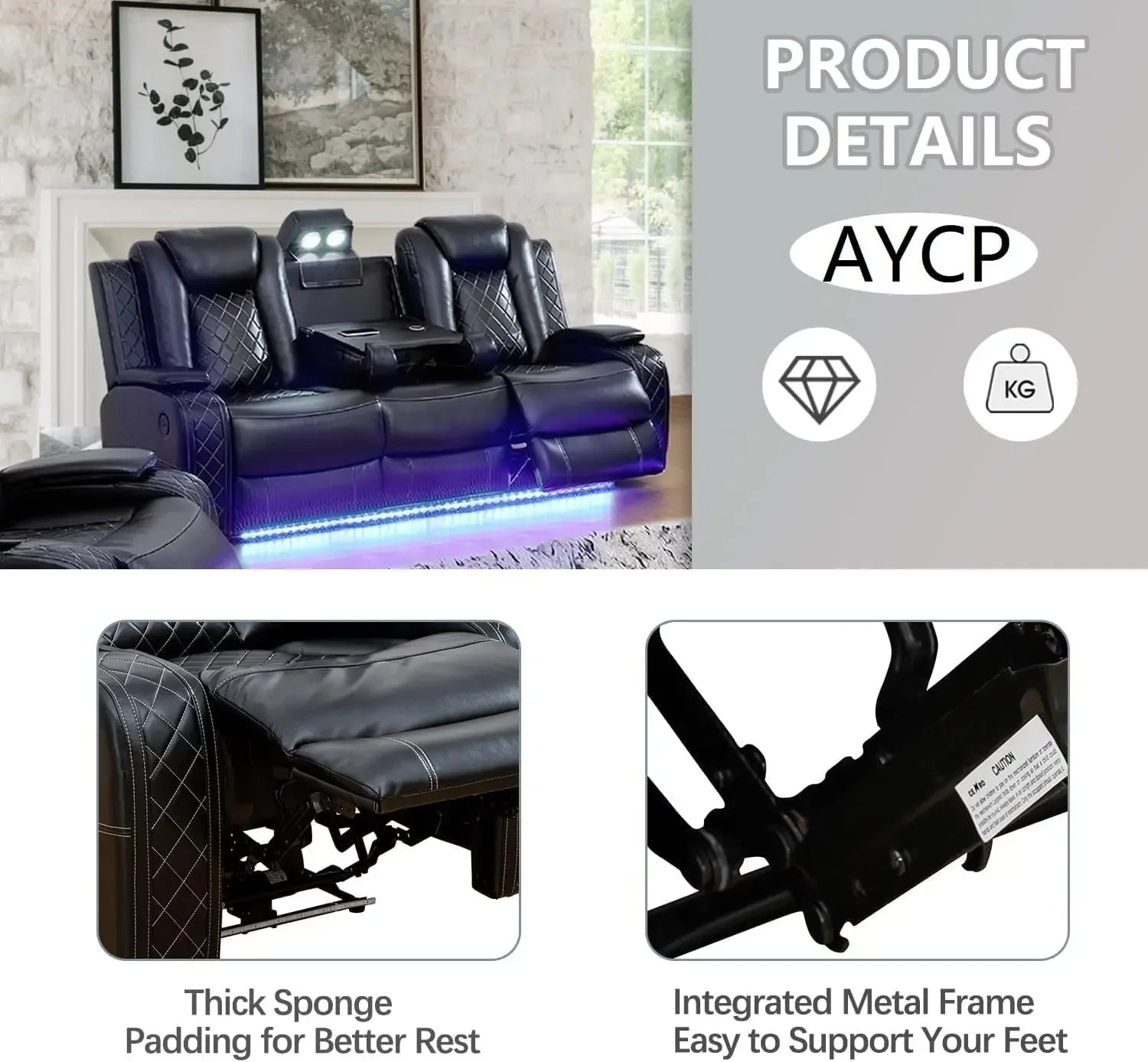 Multifunction Power Air Leather Recliner Sofa Set with LED Lights, Living Room Furniture, Reclining Sofa, Loveseat, & Chair