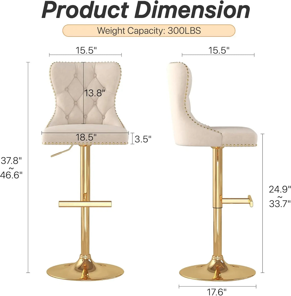 Bar Stools Set of 2, Velvet Swivel Counter Height Stoolsk, Adjustable Seat with Nailheads Trim, Upholstered Bar Chairs