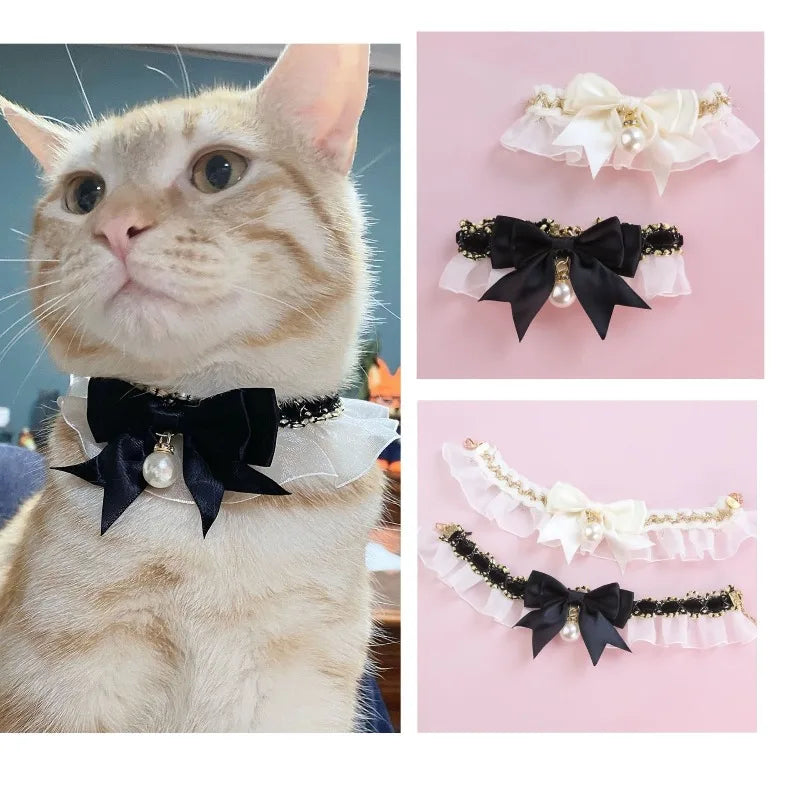 Lace Princess Cat Collar Necklace with Bow and Pearl Decoration Cute Kitten Jewelry Accessory