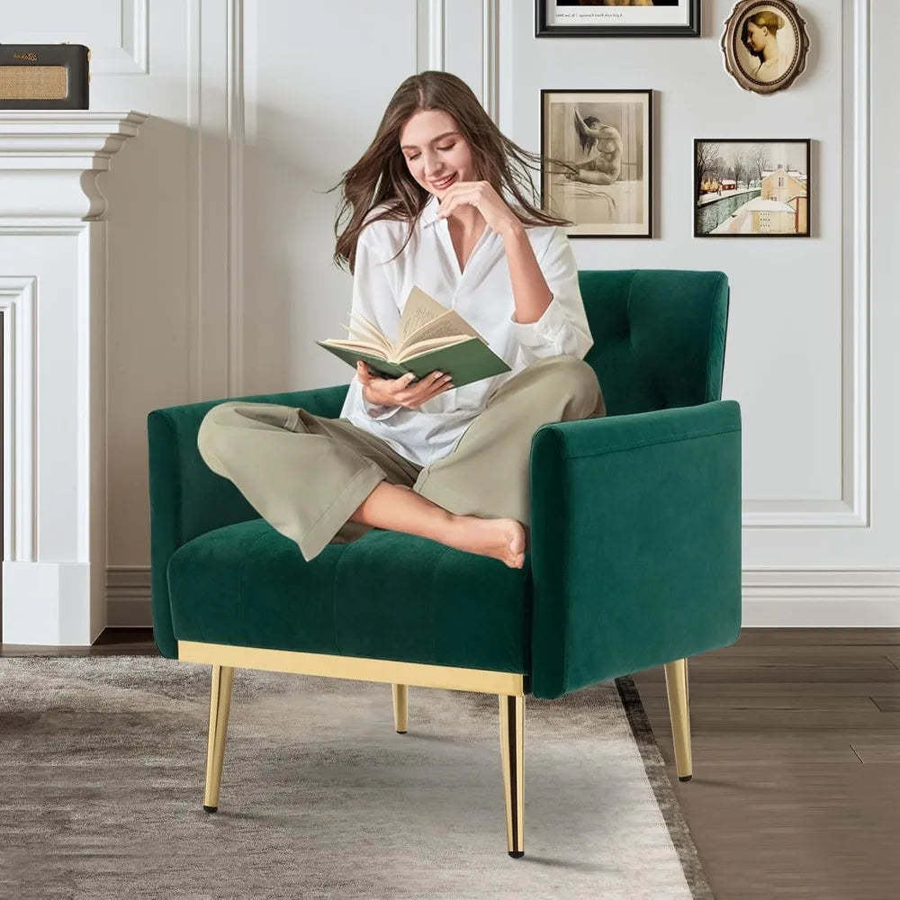Green Velvet Accent Chairs Set of 2, Comfy Button Tufted Armchair, Upholstered Arm Chairs