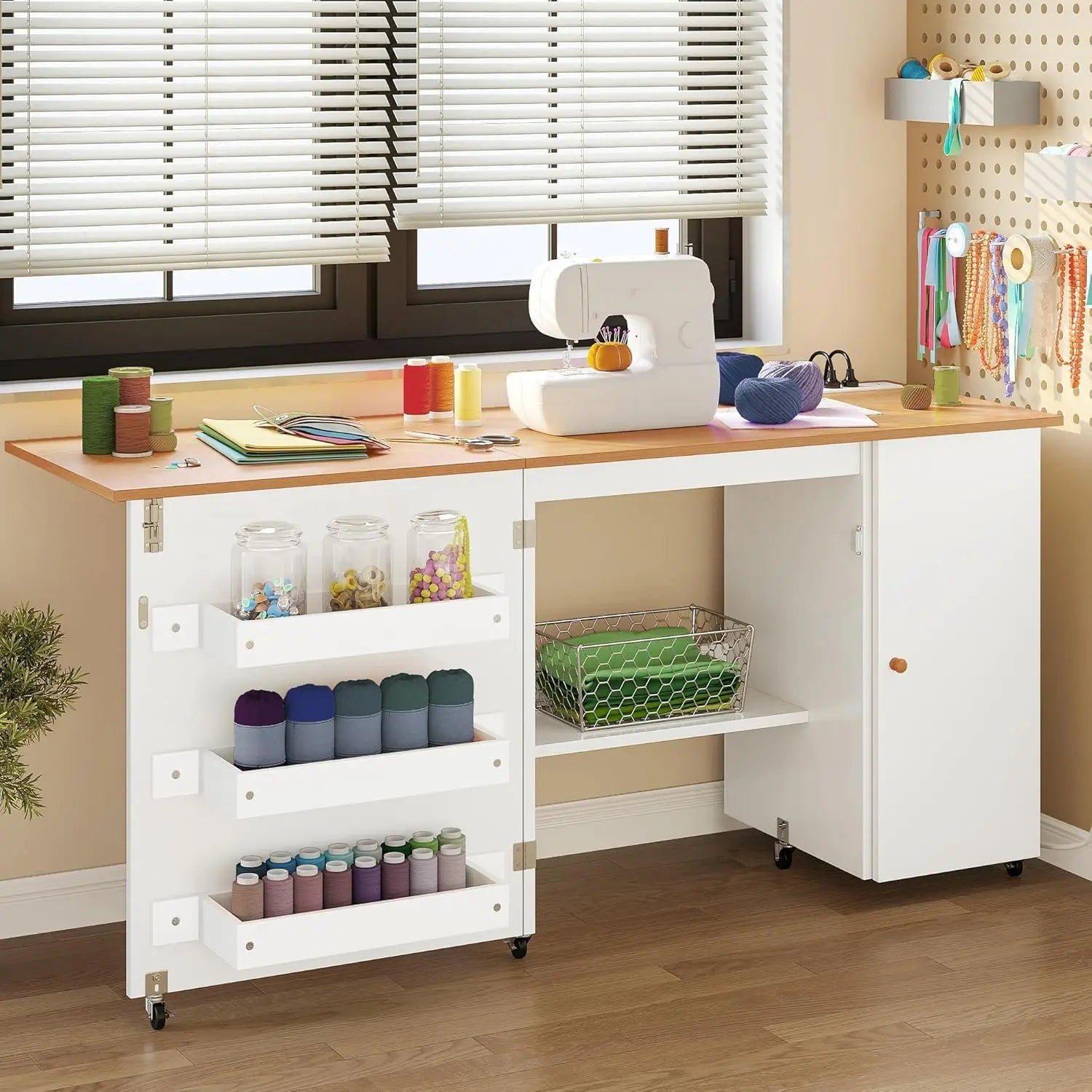 Folding Sewing Table w/Charging Station, Sewing Table with Storage, Multi-Craft Desk with Lockable Casters, Magnetic Doors