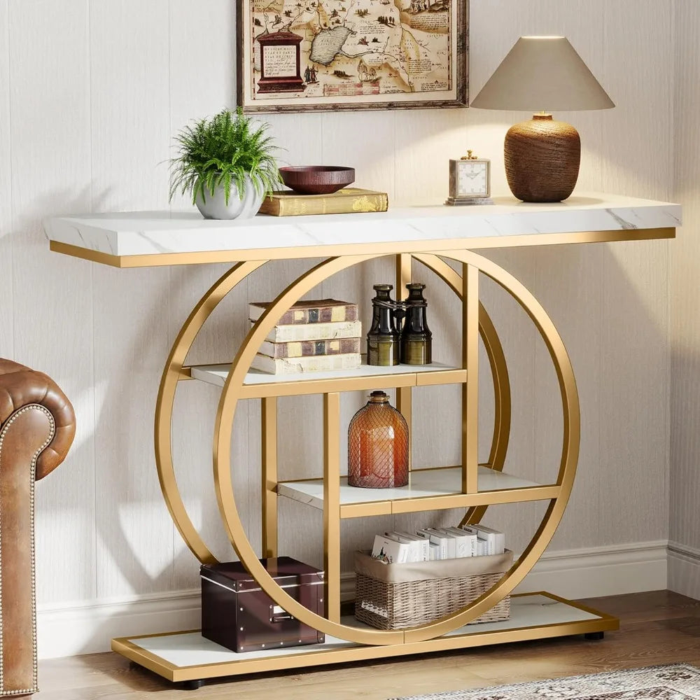 41.3" Console Table, Industrial Style Four Tier Sofa Table Entry Table with Round Base with Storage Shelf