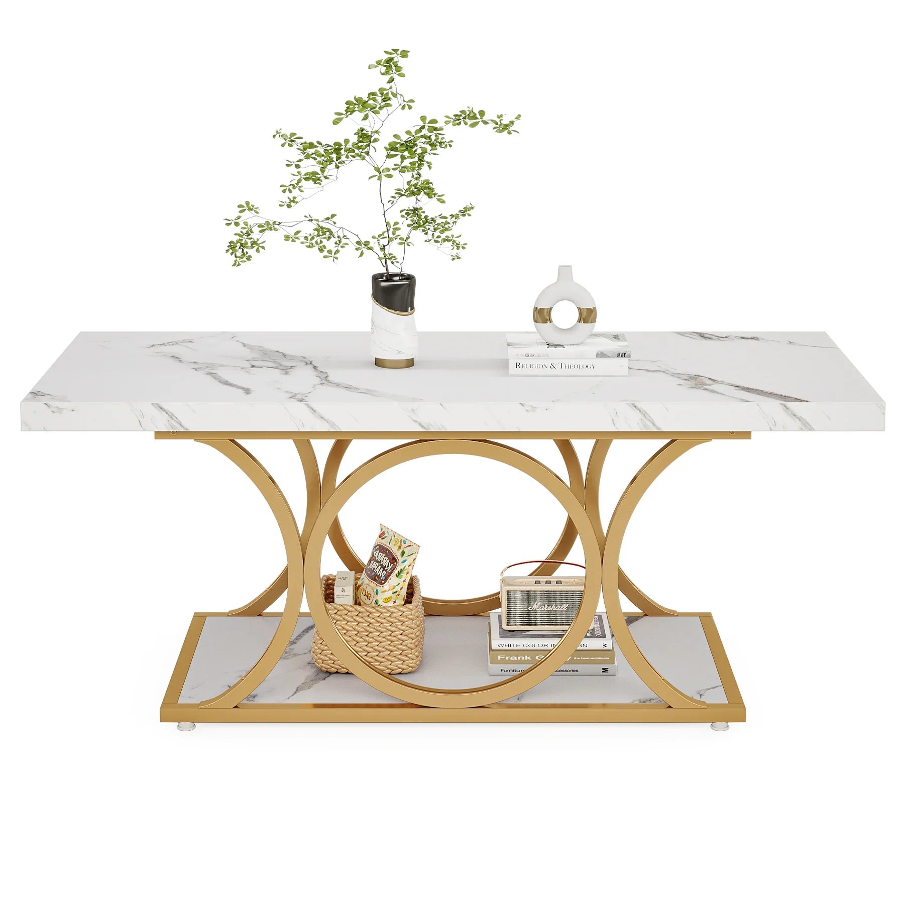 Rectangle Coffee Table, 2-Tier Faux Marble Wood