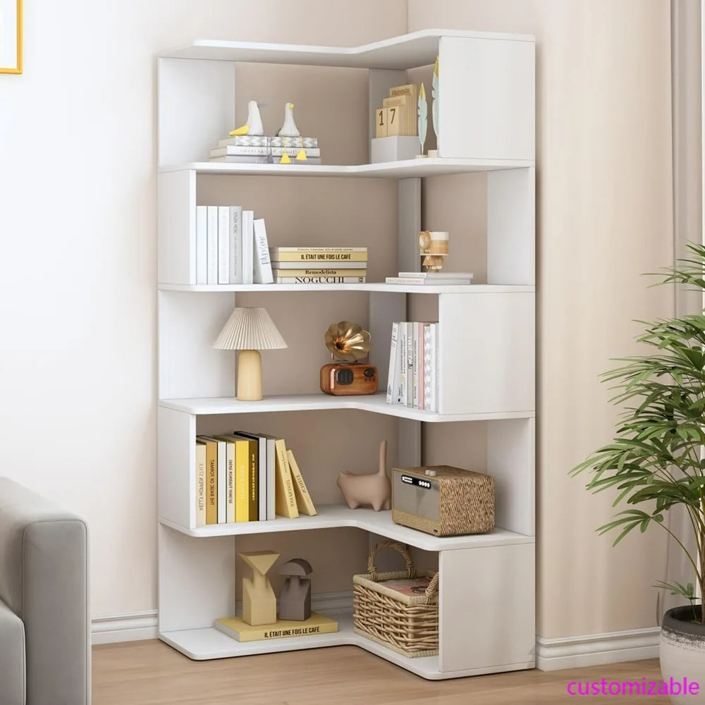 White 66" High 6-Tier L-Shaped Wooden Corner Bookshelf with Open Shelves