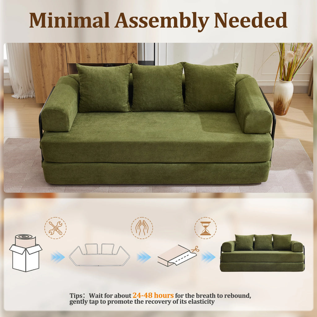 Convertible Sofa Bed with Pillows Modular Floor Sofa with Fixed-Shape Frame Chenille, Removable Folding Mattress Couch